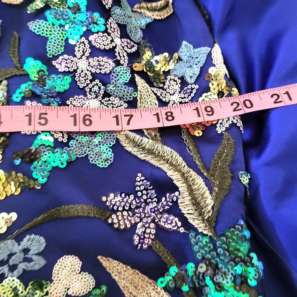 Glamora Royal Blue Satin Sheath Embroidered Sequin Gown Portrait Collar Train 8 - Picture 14 of 16